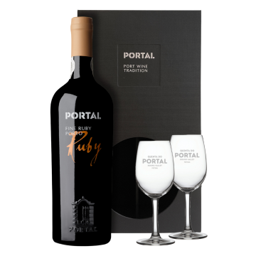 Gift Box Fine Ruby Port doc 'Portal' + 2 glasses
